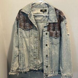 L&B Lucky & Blessed sequin snakeskin distressed denim jacket